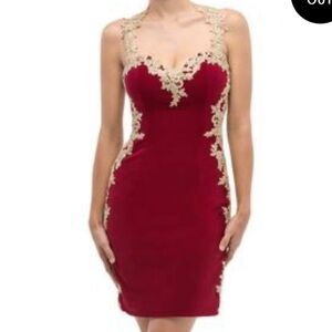 Let’s Burgundy Red and Gold Lace Formal Dress S